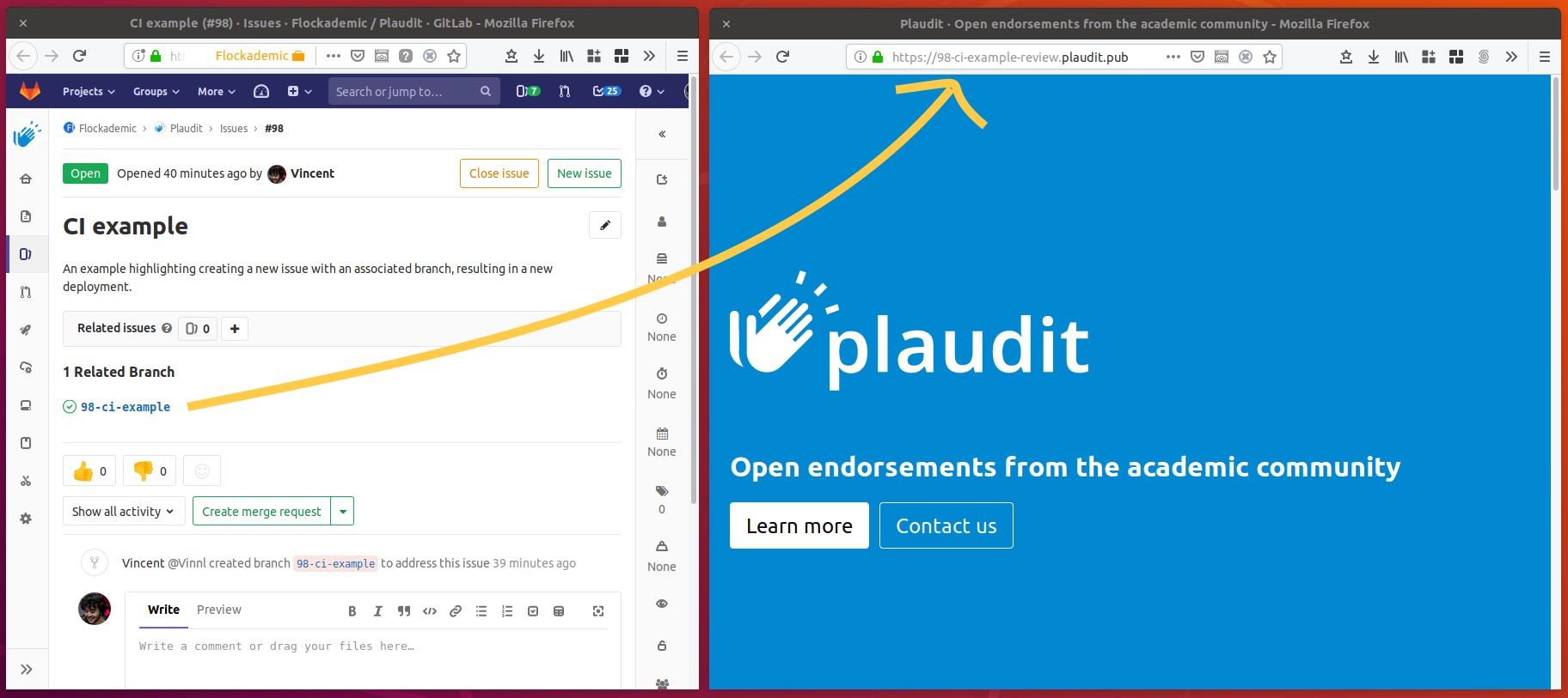 Screenshot of the Plaudit website deployed to https://98-ci-example-review.plaudit.pub, next to the Issue it was created for.