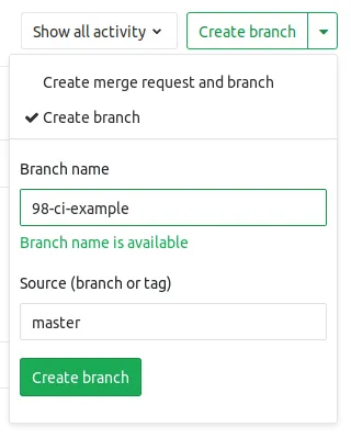 Screenshot of the GitLab interface, creating a branch called 98-ci-example