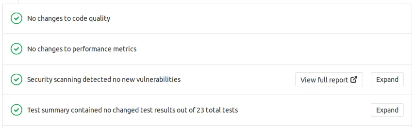 Screenshot of a merge request report, showing successful security, performance, code quality and regular tests.