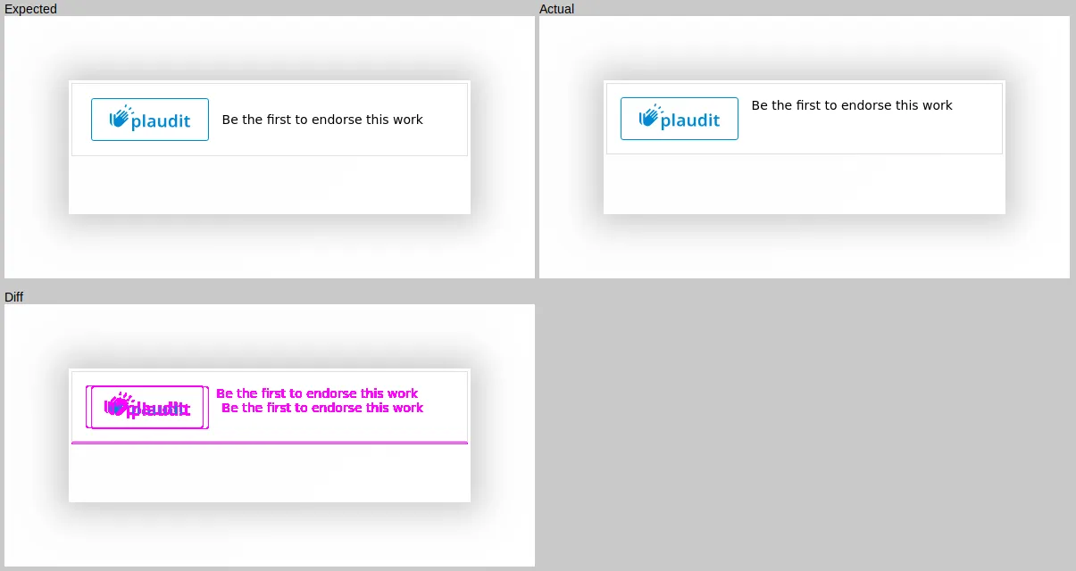 Screenshot of a report on a visual regression test, displaying one failed test case showing three images: the reference image, the taken screenshot, and the two overlapped with their differences highlighted in pink.