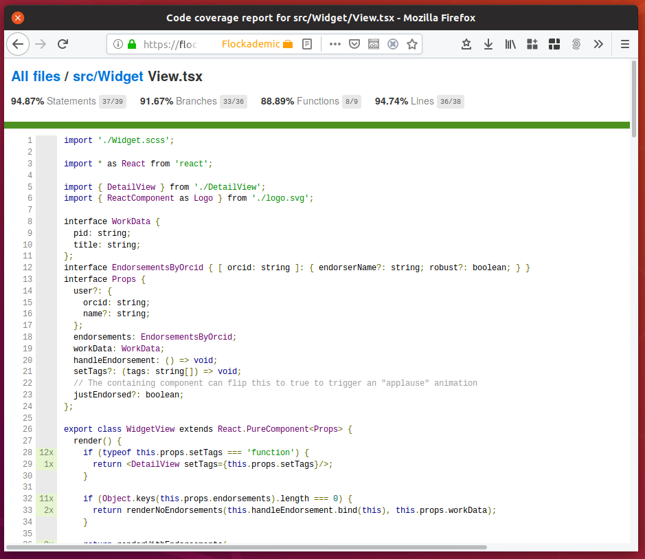 Screenshot of a code coverage report, displaying a few lines of code that have been run during tests.